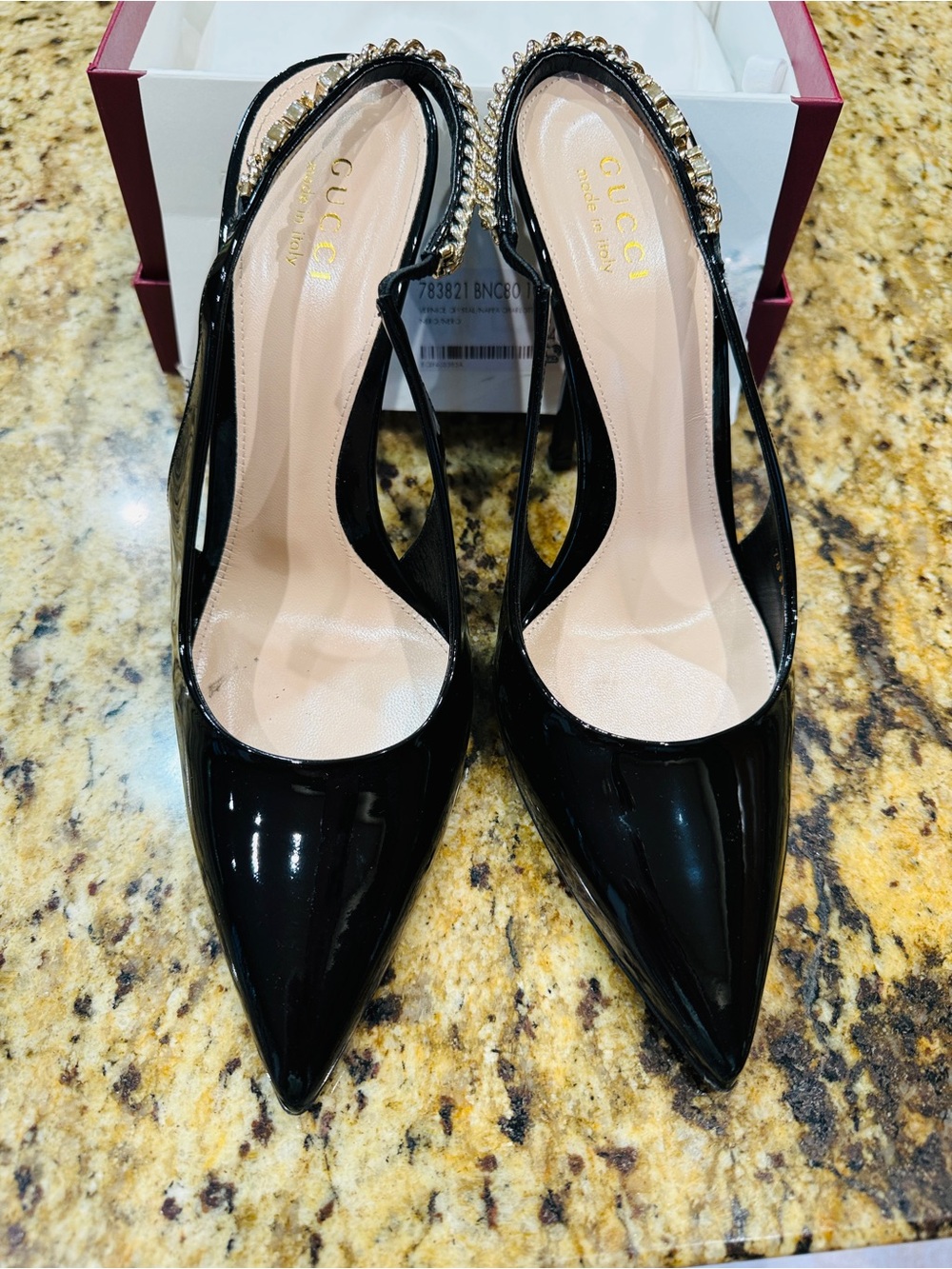 Gucci Black Patent Slingback Heels with Gold Chain Trim